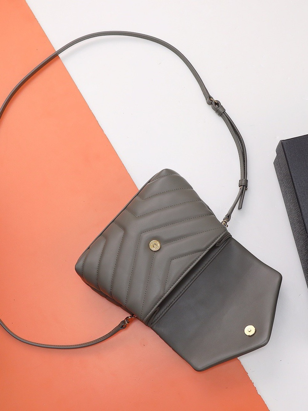 Saint Laurent Quilted Chevron Crossbody Bag in Olive Gray with Gold Hardware - Picture 3 of 4
